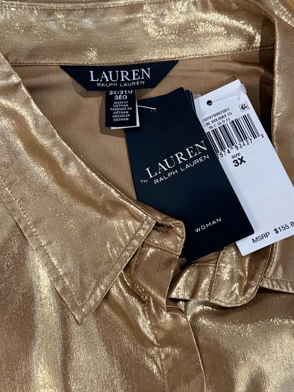 RALPH LAUREN WOMAN Metallic Chifon Point Collar Long Sleeve Gold Blouse. Size 3X - Picture 9 of 9